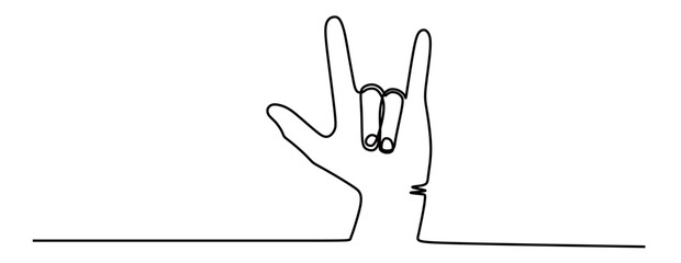 continuous line art of a hand showing metal or rock and roll fingers. vector illustration