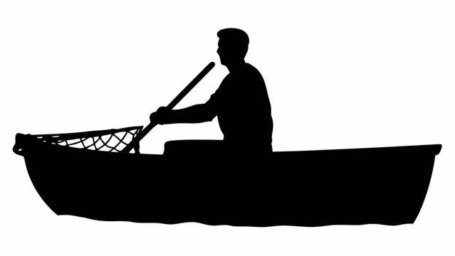 Silhouette of a man rowing a boat with a net in the front on a white background in a simple illustration