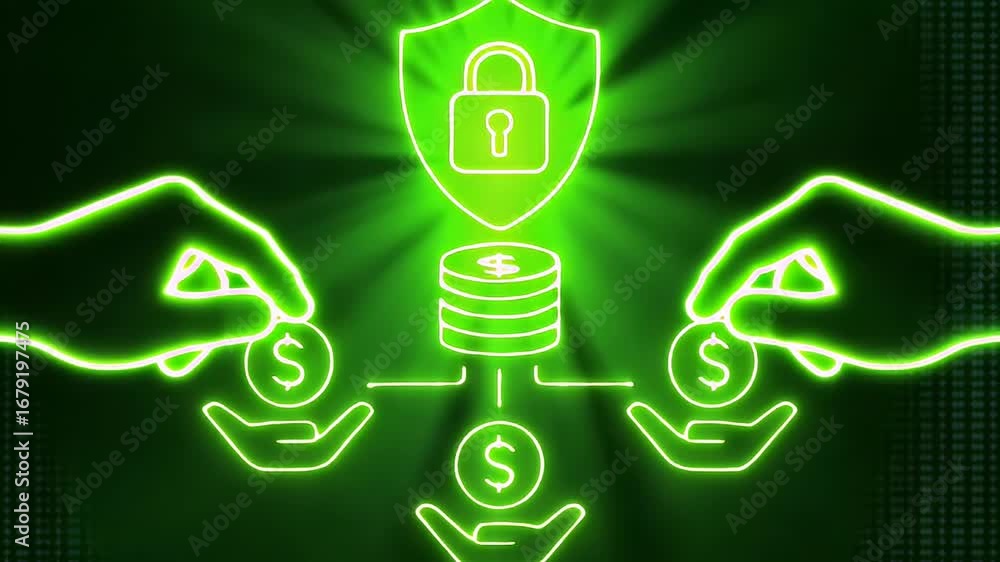 Poster financial safety net: an illuminated artistic representation with a protective shield and lock signi