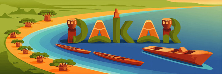 Colorful Dakar Senegal Waterfront Illustration with Baobab Trees, Traditional Boats, Drums, and Coastal Nature Landscape
