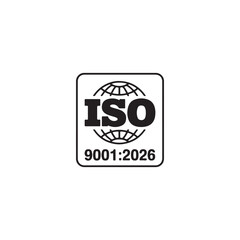 ISO 9001 certified badge vector.  2026 quality management system certification label isolated on white background.