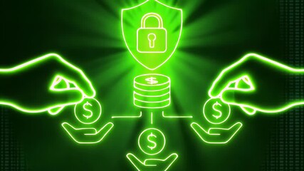 Financial Safety Net: An illuminated artistic representation with a protective shield and lock signifies secure transactions, safeguarding a stack of coins as hands offer coins, evoking trust.