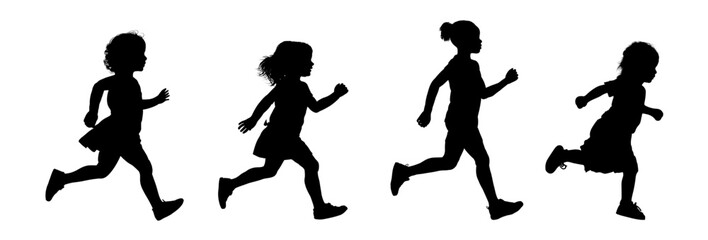 Running girl side view silhouette set - vector illustration