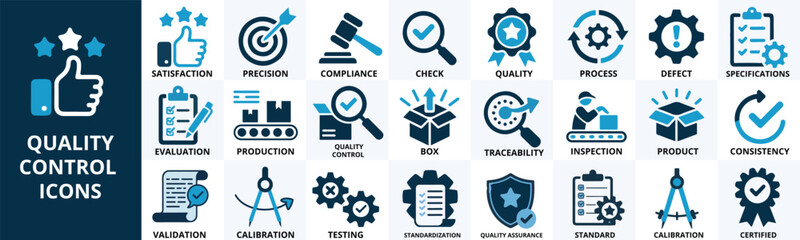 Quality control icon set, solid vector icons of inspection evaluation assurance process and testing.