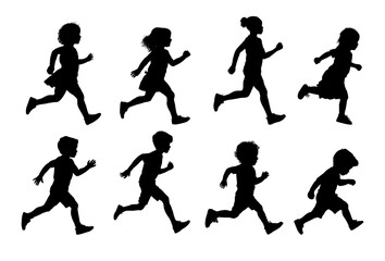 Running girl side view silhouette set  - vector illustration