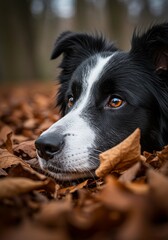 Fototapeta premium Cute Border Collie resting in autumn leaves.