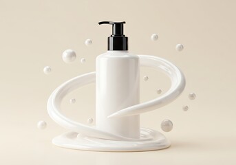 Obraz premium White cosmetic bottle with pump and abstract shapes on beige background