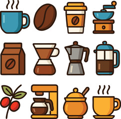 Coffee icons set for cafe menu designs - brewing, beans, cups, pots, and grinders in a modern flat style