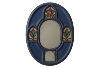 Blue ceramic oval frame with stained glass flower pattern, transparent background, highlighting decorative design elements