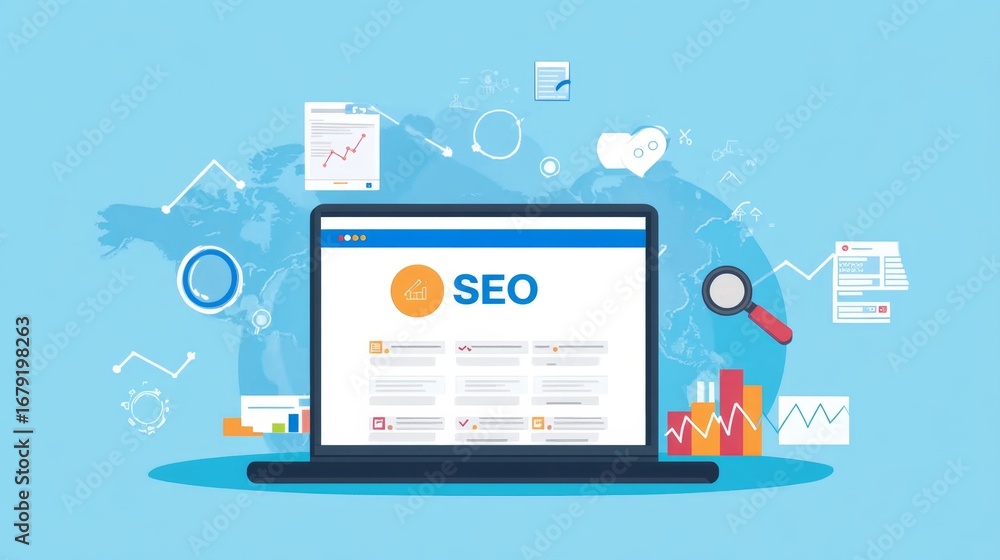 Poster optimizing search engine results laptop displaying seo metrics in digital workspace for enhanced onl