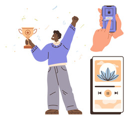 Person holding trophy in victory pose, smartphone unlocking with fingerprint, meditation app with lotus art. Ideal for success, motivation, fitness, mindfulness, technology, wellness achievement