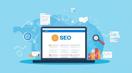 Optimizing search engine results laptop displaying seo metrics in digital workspace for enhanced online visibility