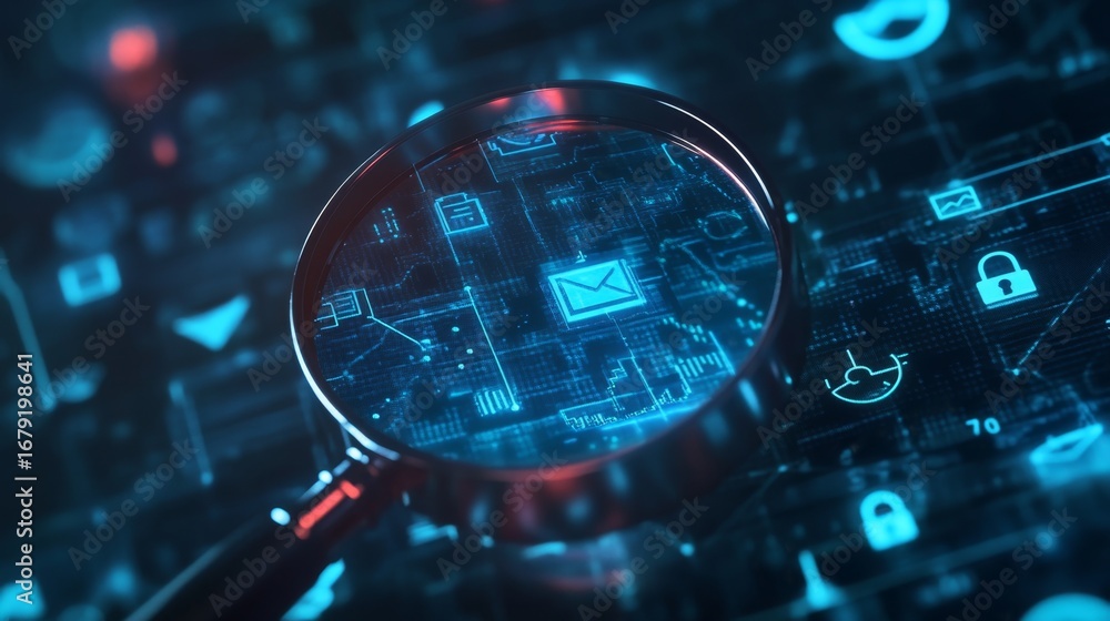 Poster exploring data security icons computer interface digital graphics cyber environment magnified viewpo