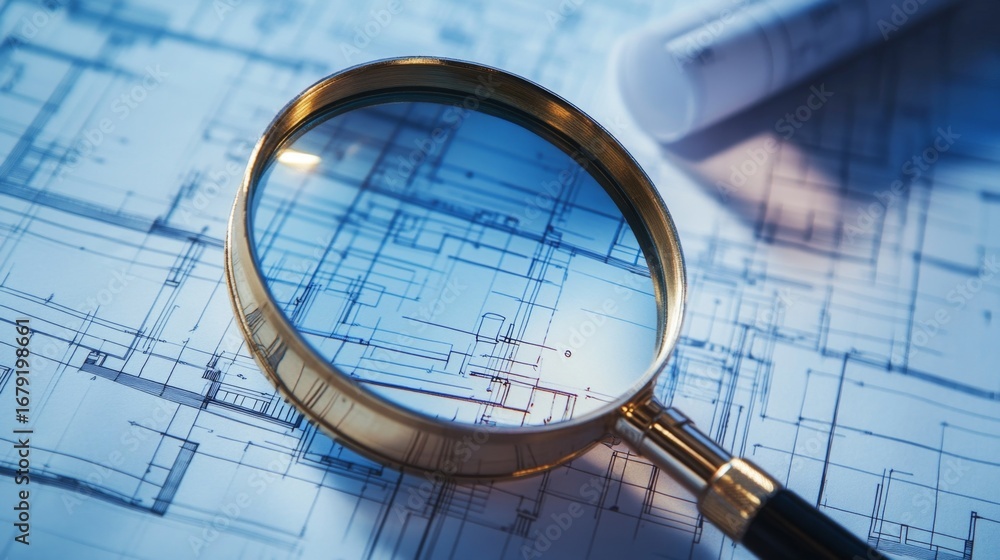 Poster examining architectural blueprints with a magnifying glass design studio digital content professiona