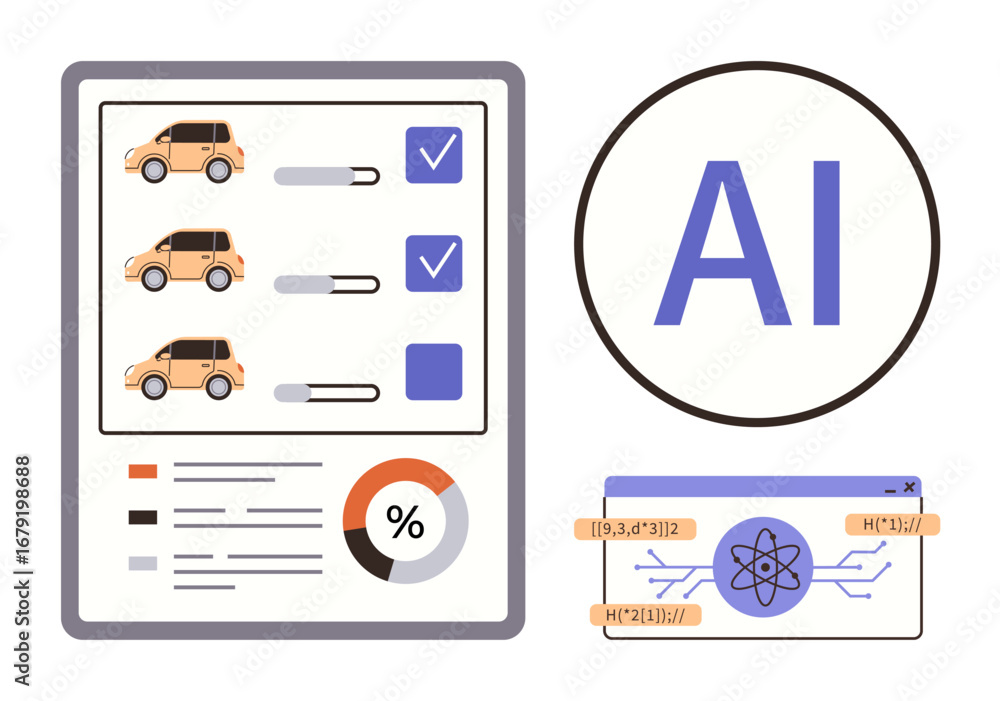 Aufkleber car selection interface with progress indicators, ai logo symbol, percentage chart, and algorithm vi
