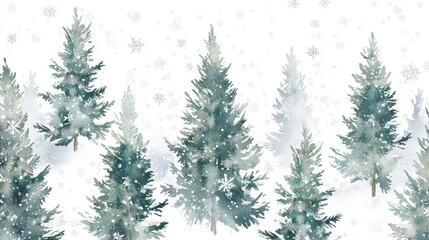 Obraz premium Enchanting watercolor pine trees amid gently falling snow winter wonderland artwork serene landscape aerial view magical nature scene
