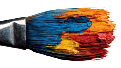 Paintbrush with vibrant, layered, colorful, textured paint strokes against a dark background