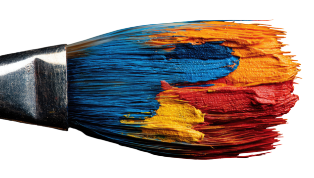 Paintbrush with vibrant, layered, colorful, textured paint strokes against a dark background