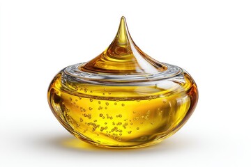 Golden liquid in a teardrop-shaped glass container