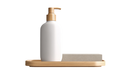 White pump bottle and light gray soap bar on a light wooden tray