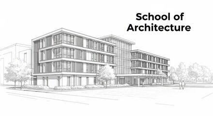 Architectural drawing of a modern school of architecture building with a clean and minimalist design isolated on white background