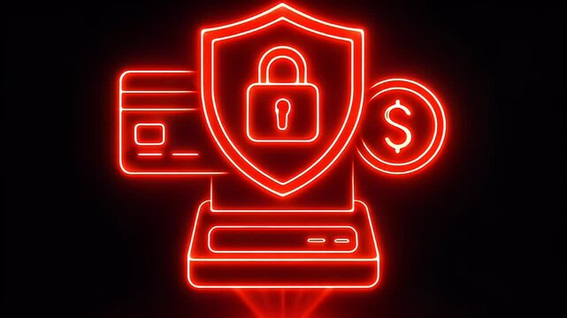 Cybersecurity: A luminous red shield with a padlock, representing digital security, hovers over a credit card and coin. The backdrop, a mysterious black.