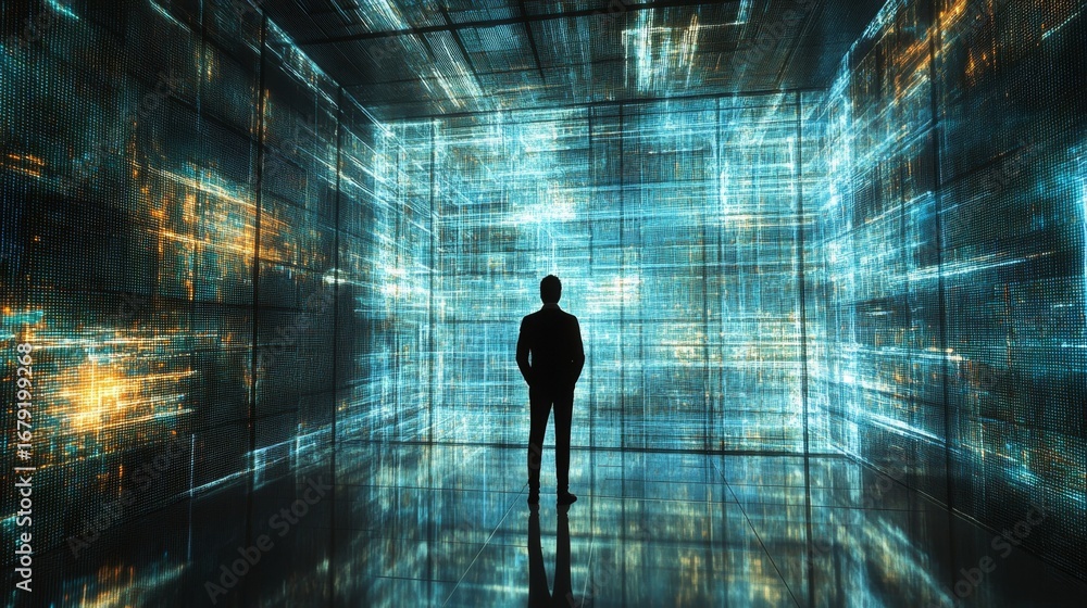 Poster explore the intricate patterns of a digital mat in a futuristic environment with a unique perspectiv