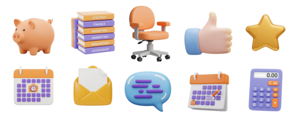 A collection of ten cartoon office related items on a black background in a cartoon style
