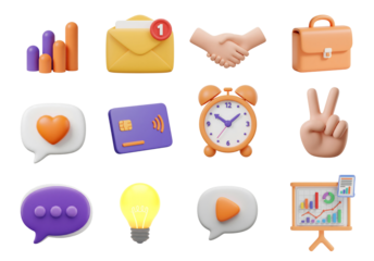 Collection of business and communication themed icons in a cartoon style on a black background