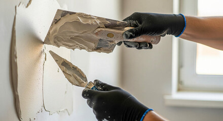 Wall Plastering: Spackling with Trowels and Black Gloves