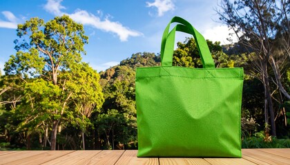 A vibrant green reusable shopping bag sits on a wooden surface against a backdrop of lush greenery and a clear blue sky, showcasing eco-friendly choices.