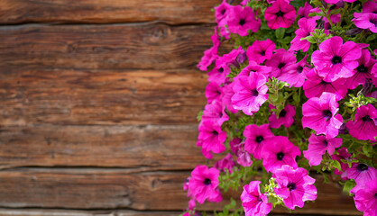Vibrant pink petunias in full bloom, cascading gracefully against a rustic wooden background, showcasing natural beauty and colorful floral arrangement for decorative purposes