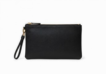 Sophisticated black leather clutch bag with wristlet isolated on white background