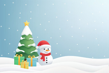 Vector 3D illustration of a Christmas tree decorated with golden stars, presents and a smiling snowman in a snowy atmosphere. For greeting cards, holiday print materials.