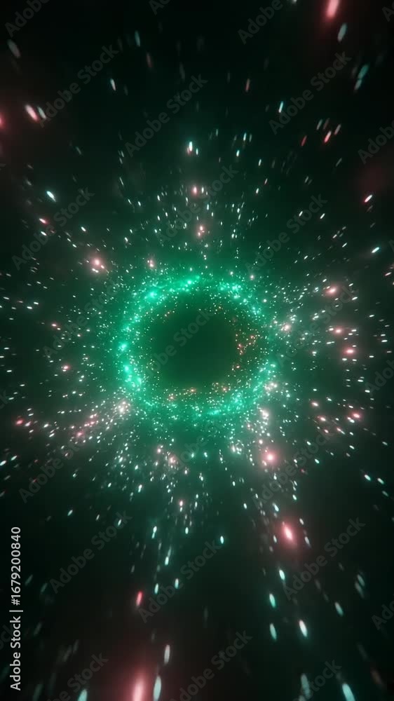 Poster exploring the depths of a vibrant cosmic void with shimmering stars and colorful light particles