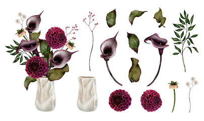 Set of Flower bouquet in vase with dahlia and calla, drawing made with watercolor technique on white background. for wedding cards, funeral services, invitations, labels, posters, and floral design.