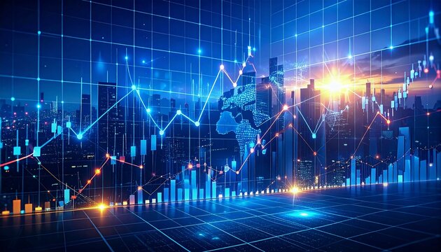 Financial data analysis with charts and graphs over a modern cityscape at night.
