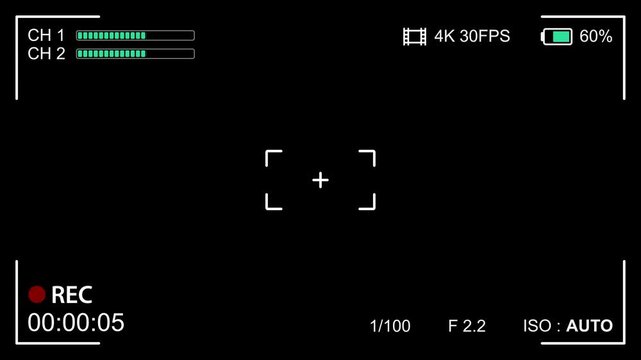 Video camera recorder screen overlay on a transparent background, 4K camcorder interface for video cameras with alpha channel, Camera recording screen interface with 30 second timer