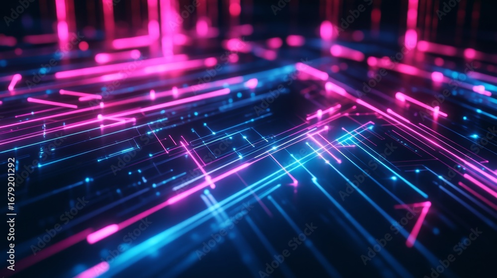 Poster dynamic neon arrows creating a glowing web of lines digital space visual art high-tech environment l