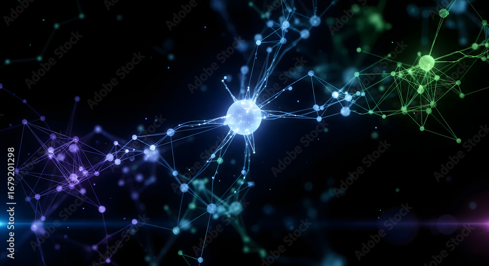 Poster abstract network of interconnected nodes with colorful gradients on a dark background