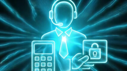 Digital Security and Support: A futuristic image showcasing a customer support representative amidst a vibrant display of digital encryption, safeguarding data and offering assistance.