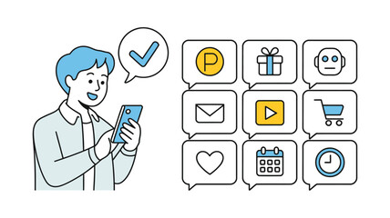 Simple vector icon set featuring a young man and a smartphone, illustrating modern communication, mobile technology, and digital lifestyle in a clean, minimalist, and material design style.   