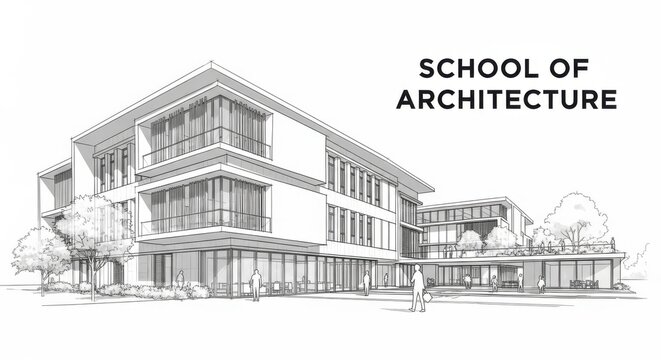 School of architecture building exterior design sketch with modern facade and urban landscape, architectural drawing illustration
