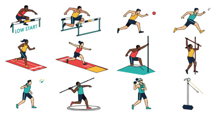 Diverse track and field athletes competing in various events.