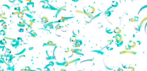 Colorful teal and gold confetti falling on white background. Perfect for party invitations, celebrations, and festive designs.