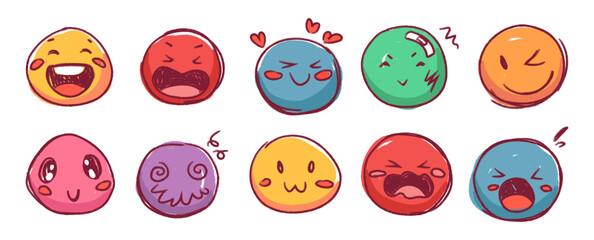 Hand drawn doodle emoji faces crayon set. Chalk scribbles with emoticons, heart, crown, underline, punctuation, speech bubble. Fun kid style charcoal marker texture, phrases. Vector illustration