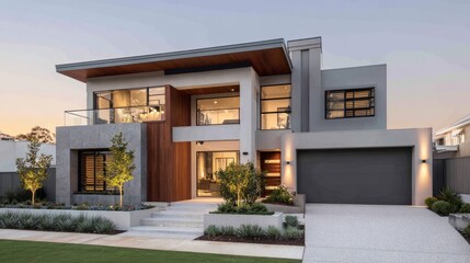 Stylish two-story home with flat roof, wide window panes, landscaped modern garden, and clean facade of concrete walls and timber accents