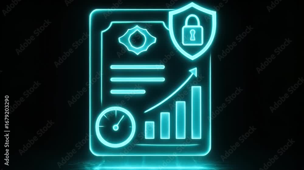 Poster cyber security: a digital document is illuminated by an ethereal, neon-like glow, embodying the esse