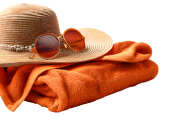 Hat and sunglasses on the beach small towel	