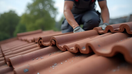 Contractor gripping terracotta tile firmly during roof installation